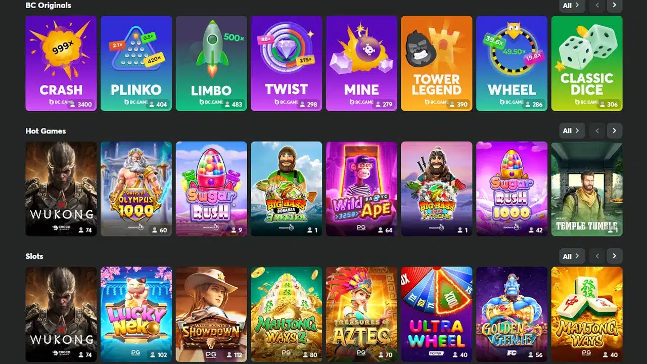 BC.Game crypto casino games selection
