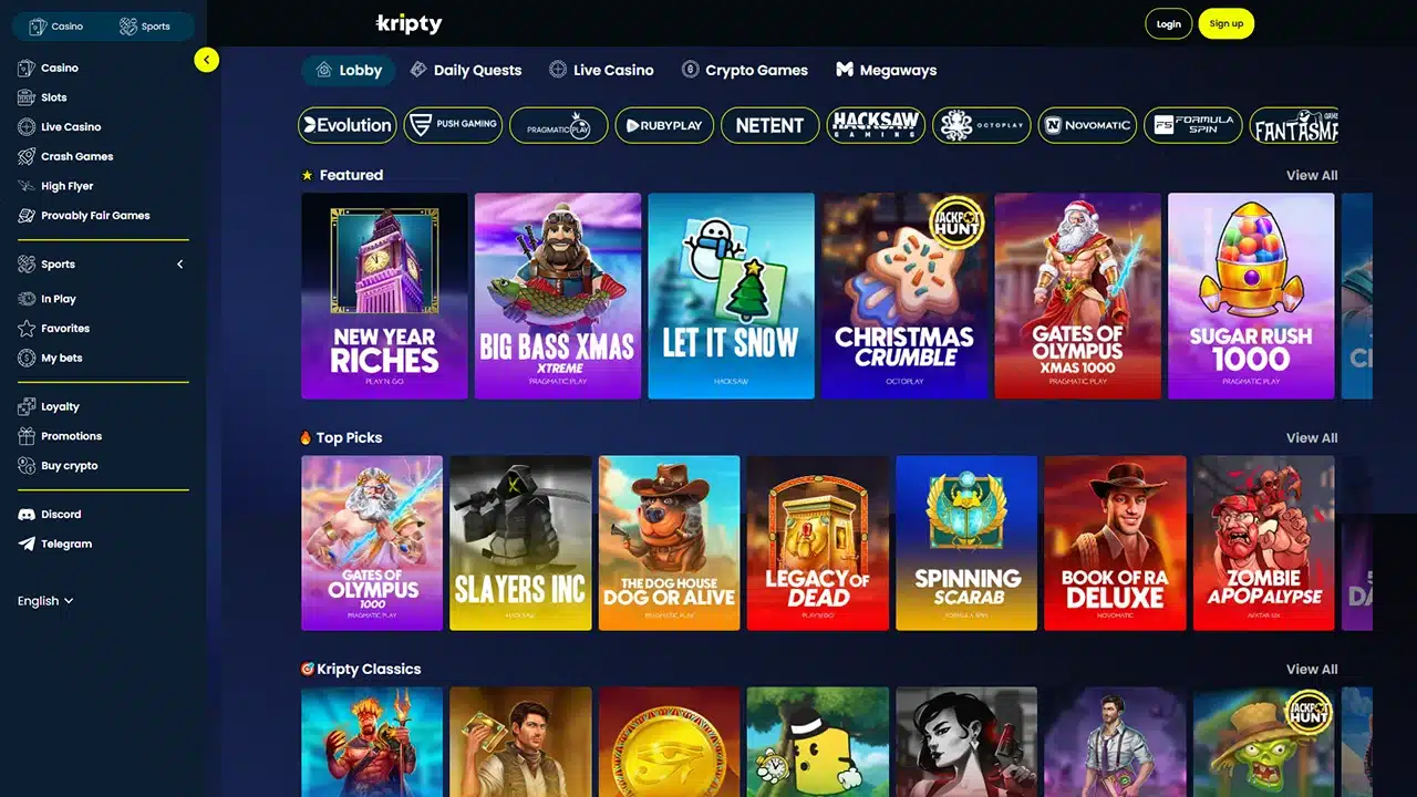 Kripty crypto casino games selection