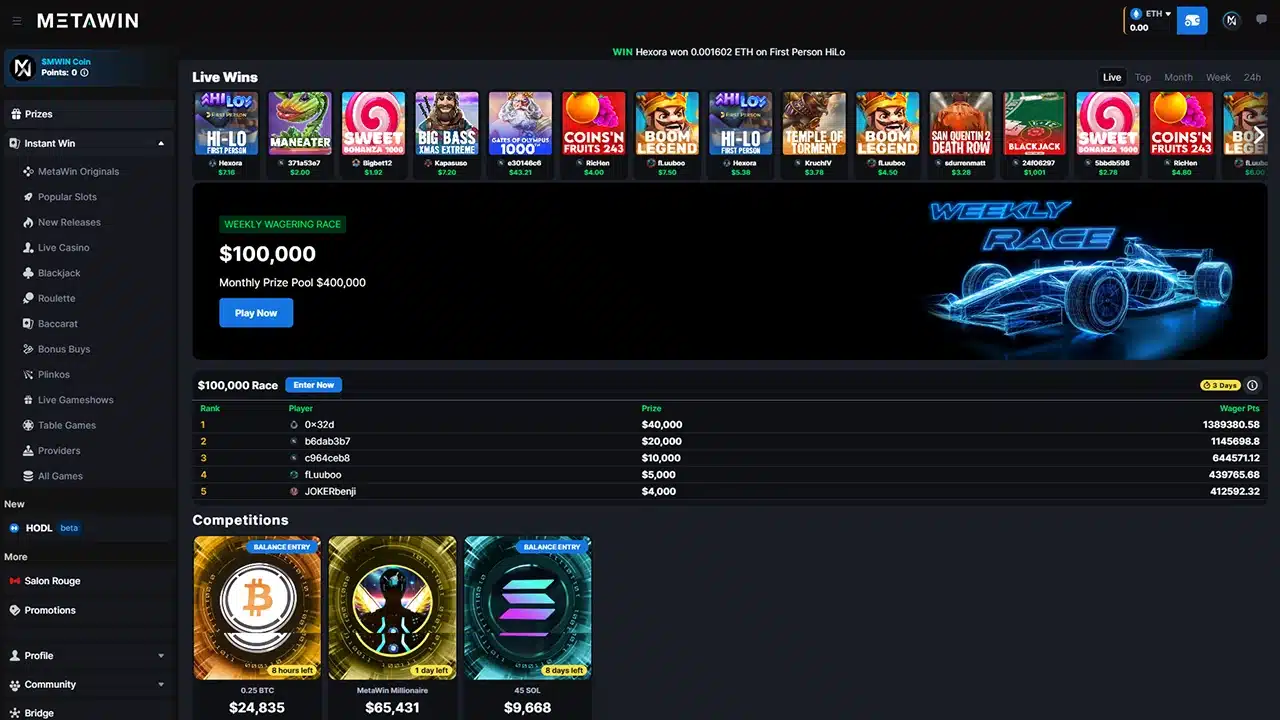 MetaWin crypto casino landing page