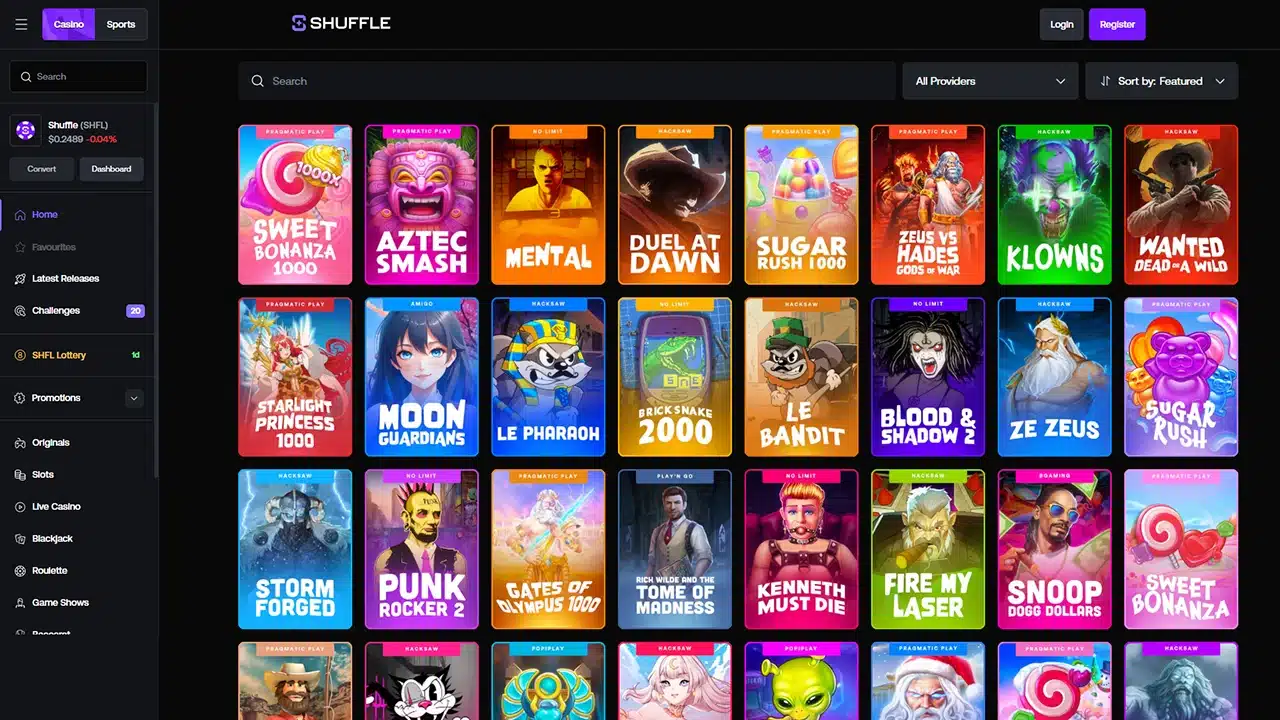 Shuffle crypto casino slot games lobby