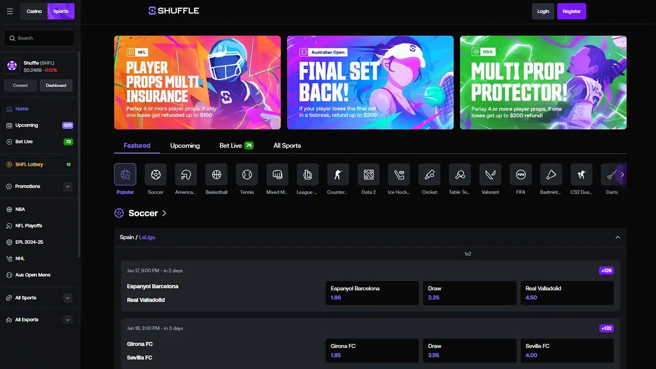 Shuffle crypto casino sports betting offer