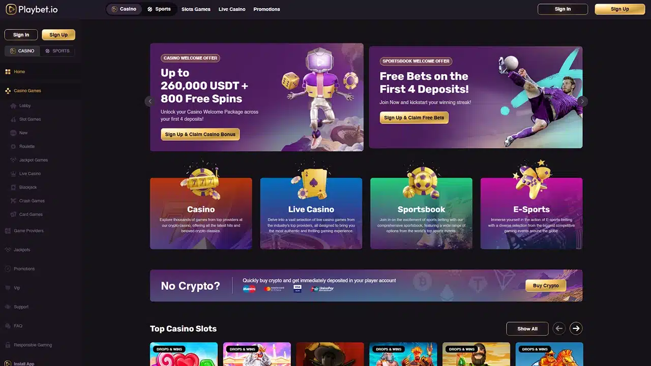 Playbet.io crypto casino landing page