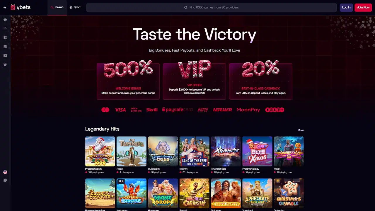 Ybets crypto casino landing page