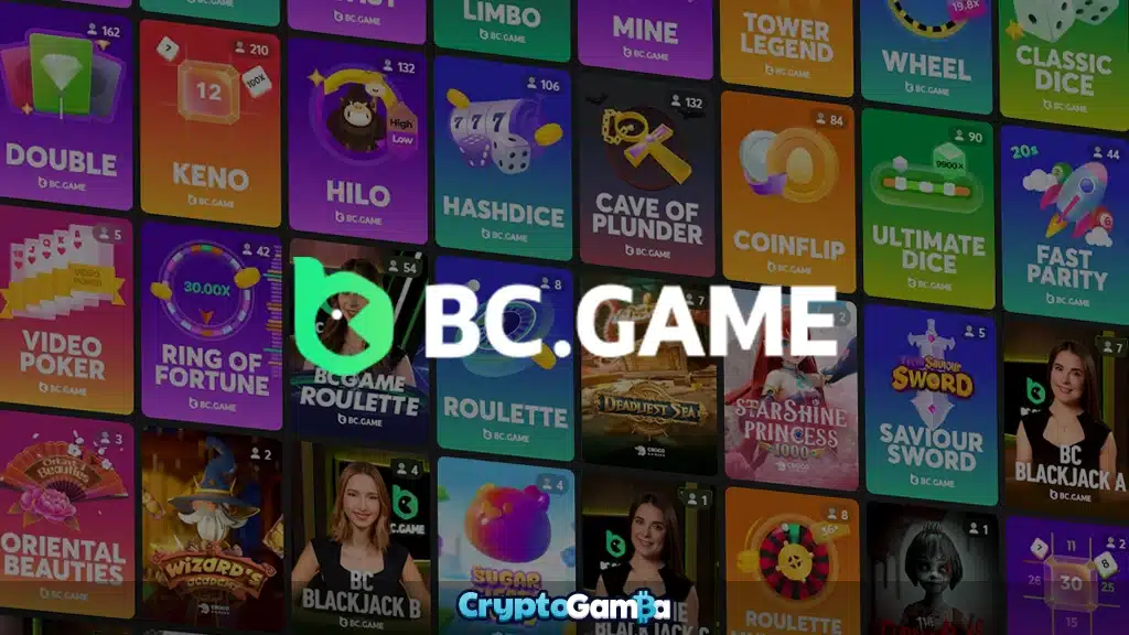 BC.Game online casino white logo on game thumbnails