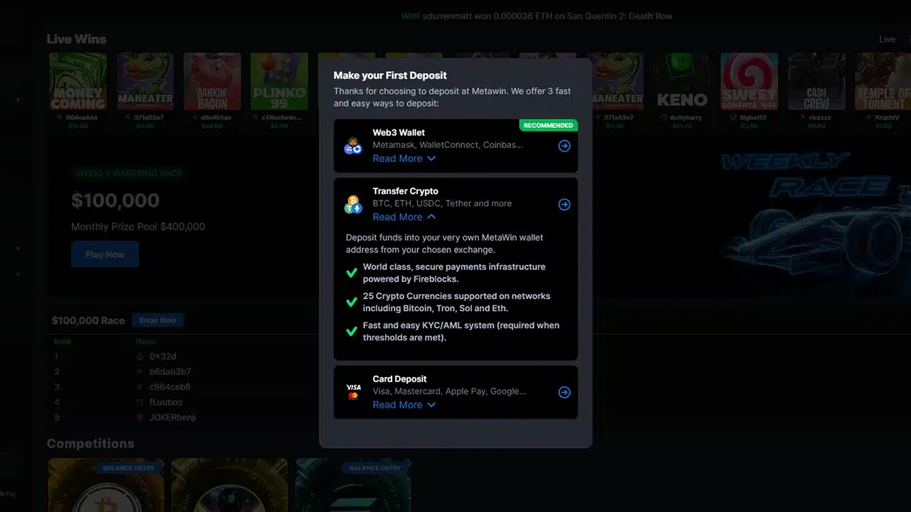 MetaWin crypto casino deposit