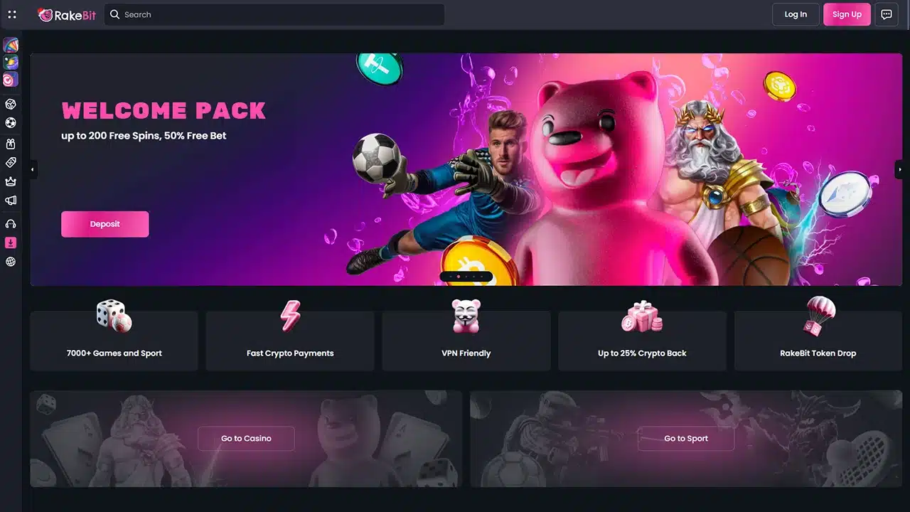 RakeBit crypto casino landing page