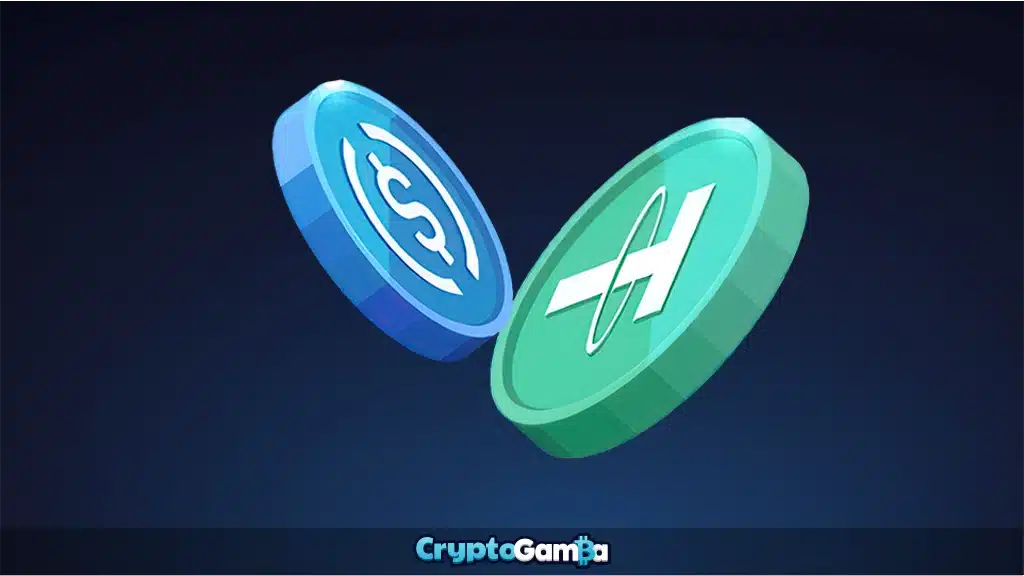 Tether versus USD coin green and blue with symbols