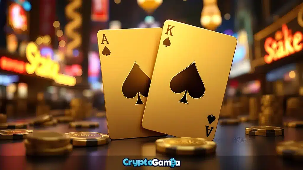 Golden playing cards forming Blackjack hand