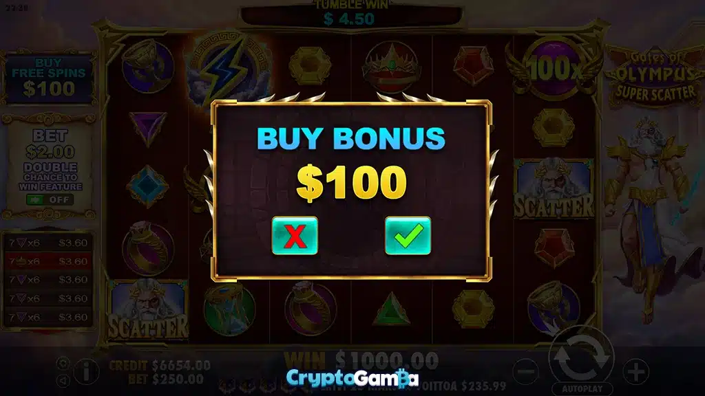 Bonus Buy feature in Gates of Olympus Super Scatter video slot
