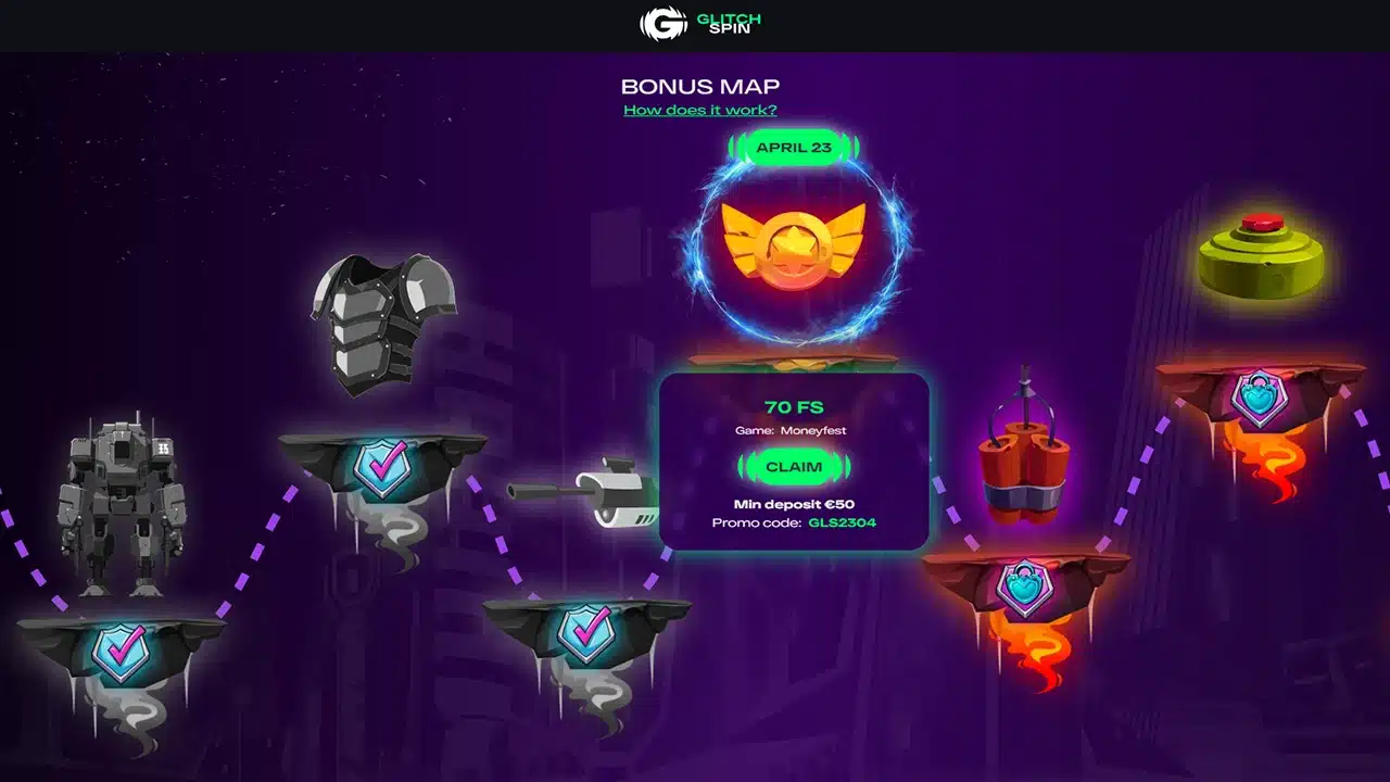 GlitchSpin crypto casino bonus map