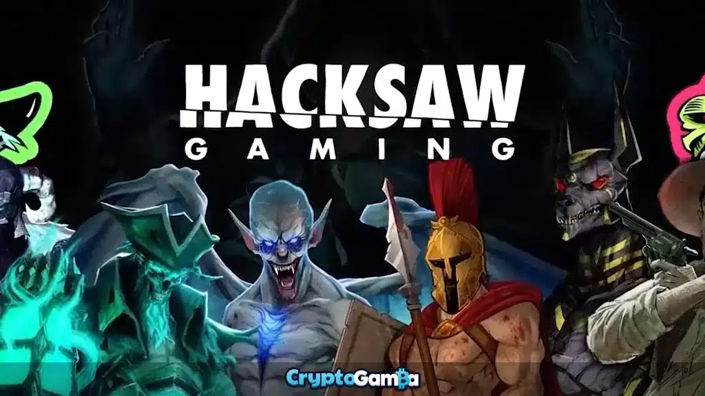Hacksaw Gaming software provider logo on background with game characters