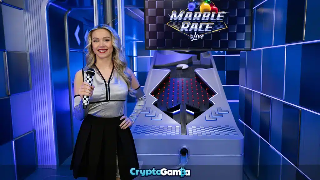 Marble Race live casino game logo and presenter