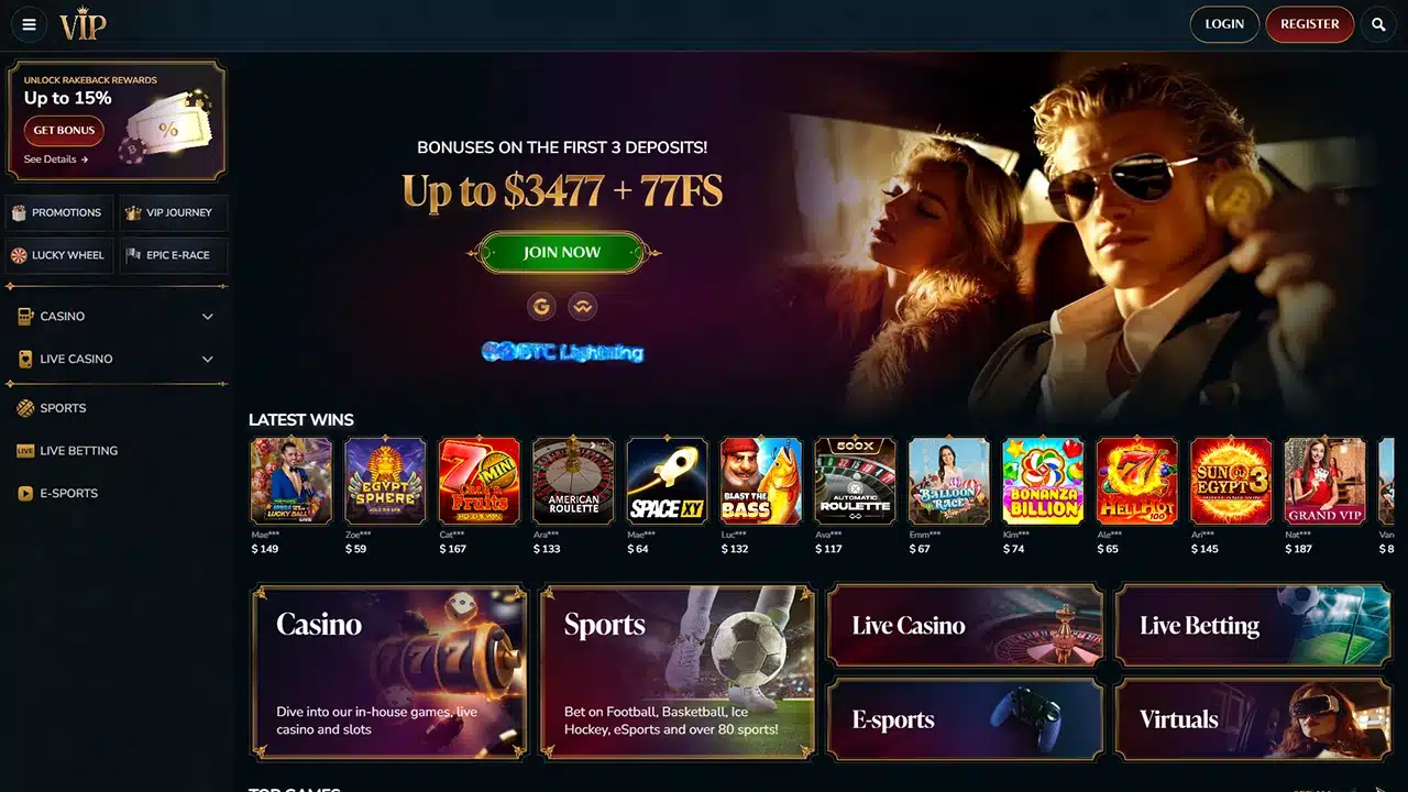 Landing page with welcome bonus banner of VIP crypto casino